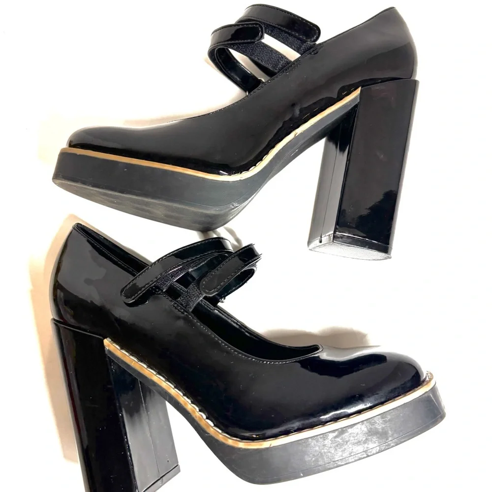 STEVE MADDEN Platform Twice Patent Black Mary Jane Squared Heel Shoes Size 8 - Picture 9 of 10